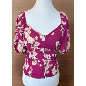 Sienna Sky Crop Top Blouse Purple Floral Abstract Corset Sexy Smocked Waist M